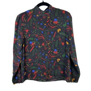 Baldwin Kansas City 100% Silk Black Multicolor Floral Print Long Sleeve Blouse S